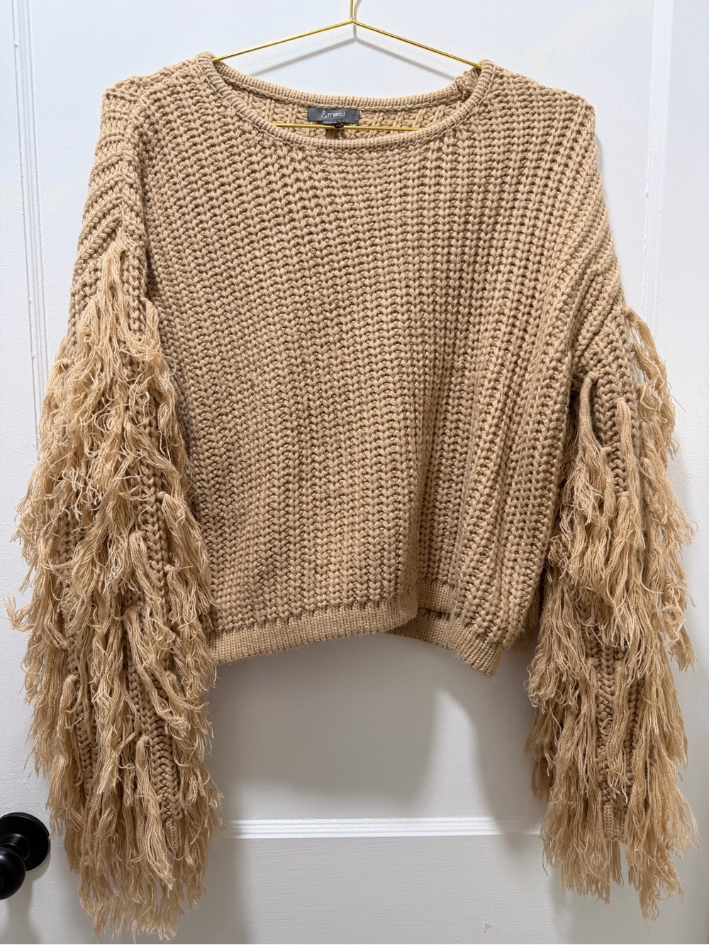 &Merci Camel Chunky Knit Boho Fringe Sleeve Sweater-Size M